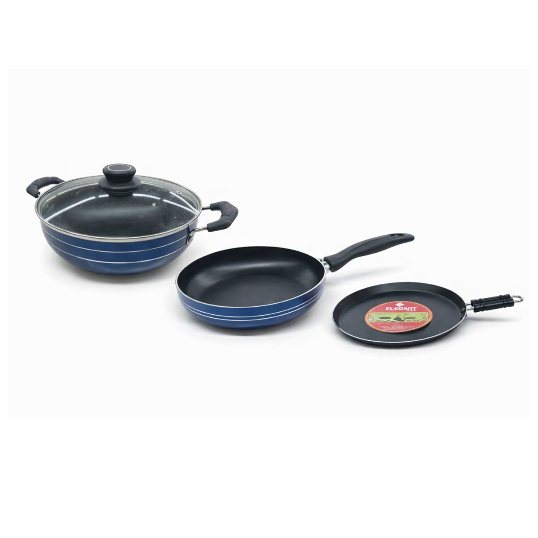 5 Pc Gift Set (Kadai-240mm, Fry Pan-240mm, Flat Tawa-285mm, Lid & wooden spatula)-Medium