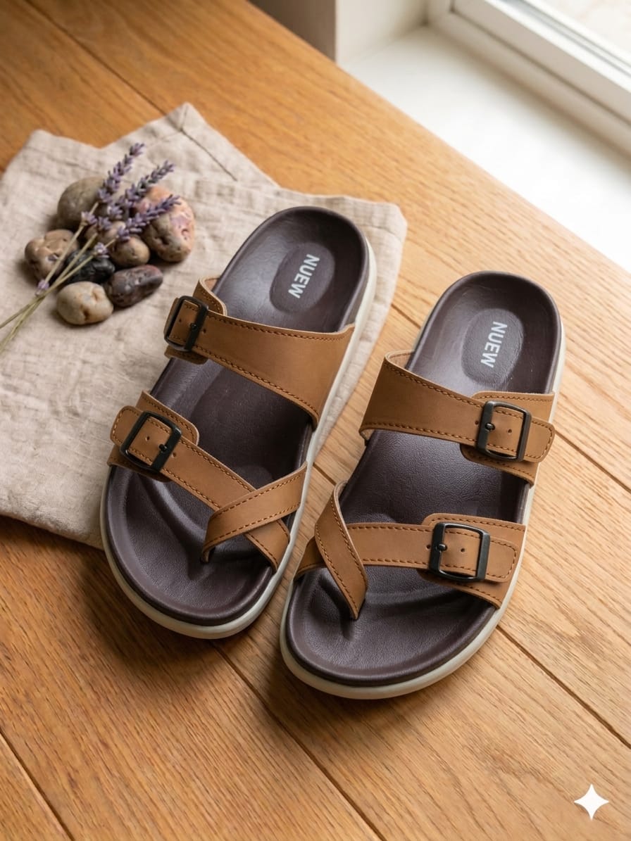 Premium EVA Dual Buckle Comfort Slides – Tan