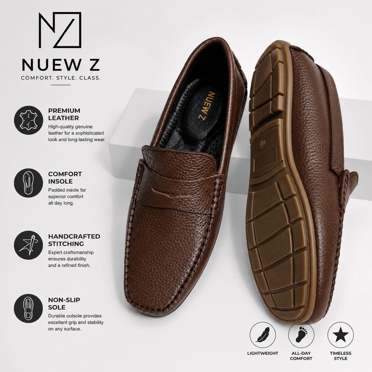 Nuew Z Premium Men Leather Loafers Brown